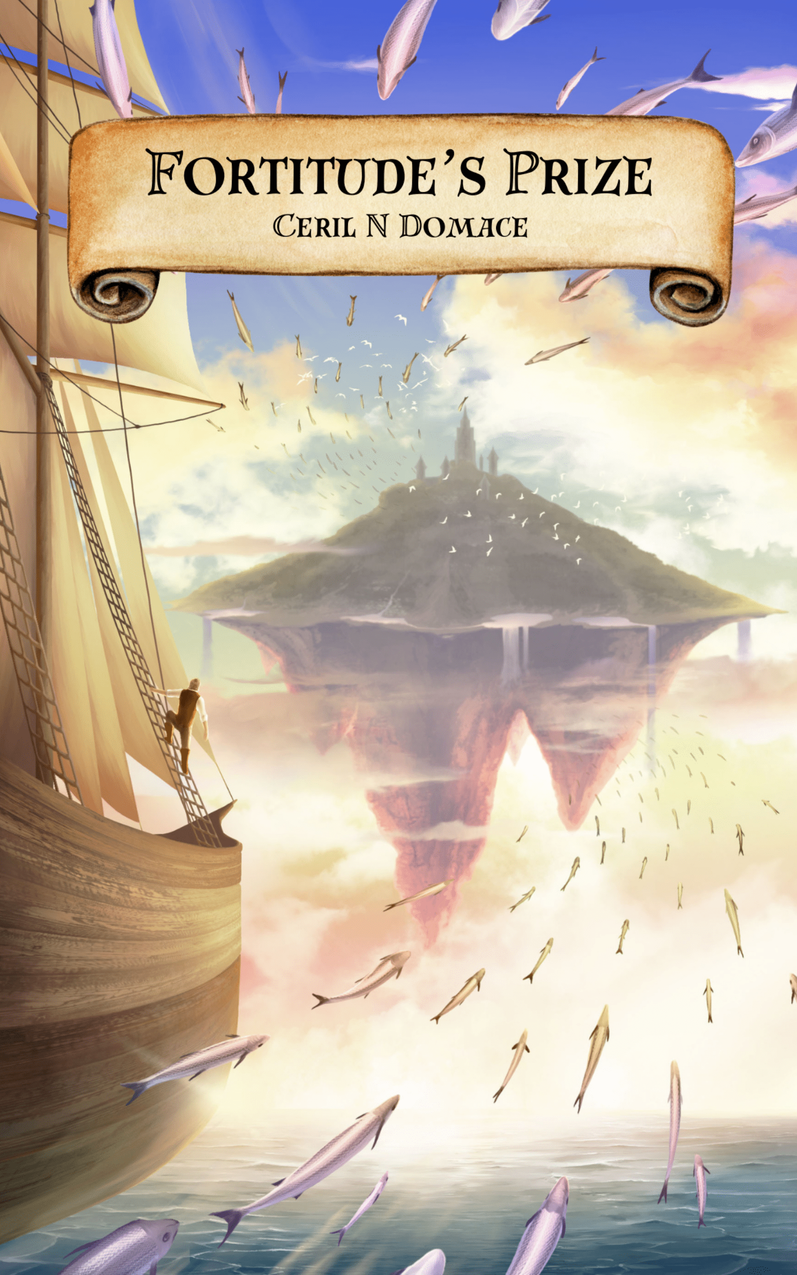Cover of Fortitude's Prize by Ceril N. Domace. A beautifully illustrated cover featuring an airship with sails as it approaches a floating island that has a tower atop it. A school of flying fish sails alongside the boat.