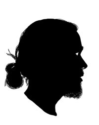Black silhouette illustration of a bearded man in profile. He has long hair in a low, loose bun.