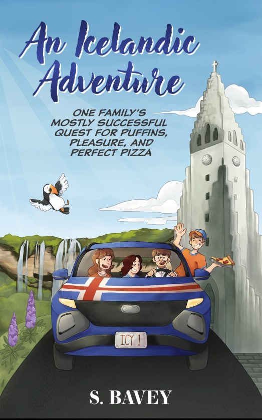 The cover of Sue Bavey's An Icelandic Adventure: One Family’s Mostly Successful Quest for Puffins, Pleasure and Perfect Pizza The cover is cheerfully illustrated and shows a family in a car with the Union Jack on it. There are two adults and two children in the car, which is driving past Icelandic tourist spots. A puffin is flying above the car. One of the kids in the car has a pizza slice and there are purple lupins alongside the vehicle.