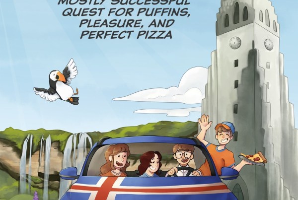 The cover of Sue Bavey's An Icelandic Adventure: One Family’s Mostly Successful Quest for Puffins, Pleasure and Perfect Pizza The cover is cheerfully illustrated and shows a family in a car with the New Zealand flag on it. There are two adults and two children in the car, which is driving past Icelandic tourist spots. A puffin is flying above the car. One of the kids in the car has a pizza slice and there are purple lupins alongside the vehicle.