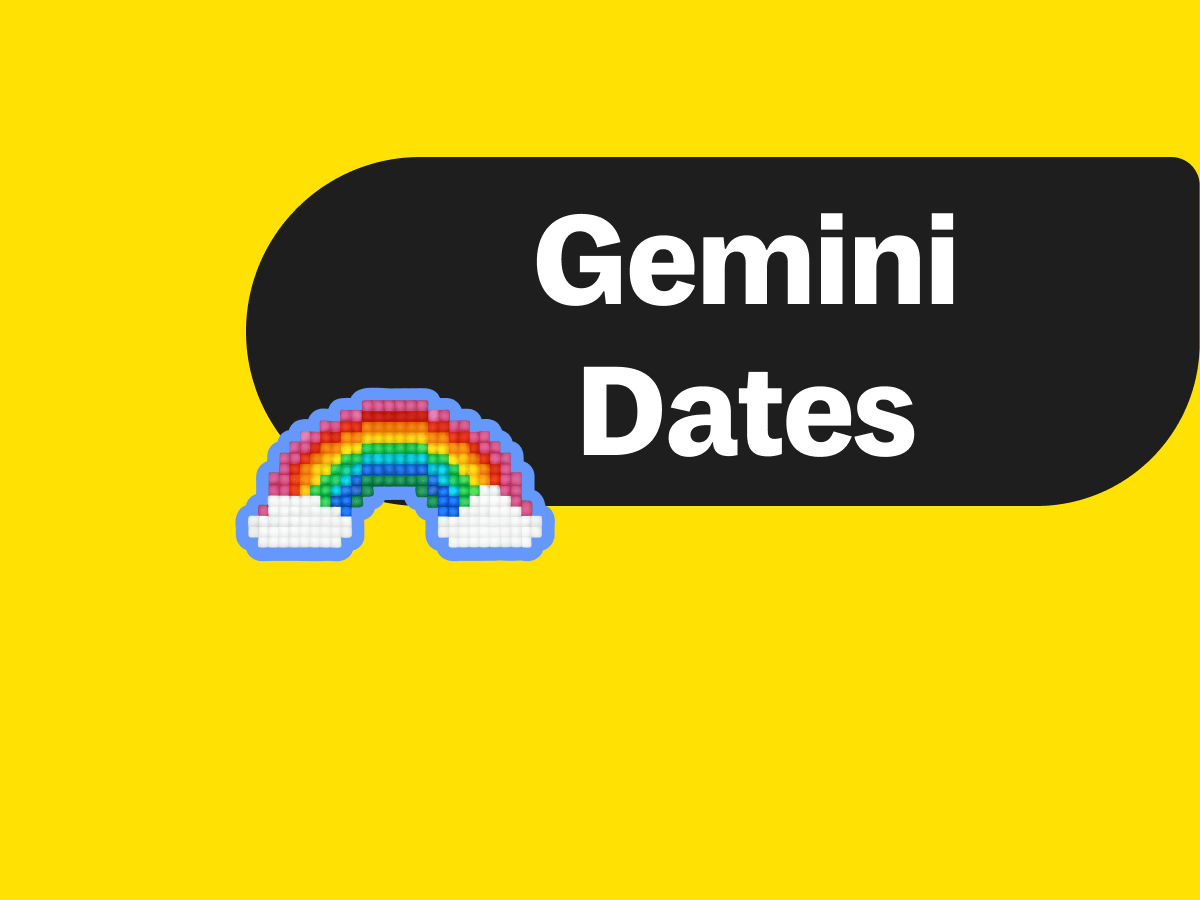Bright infographic with yellow background and rainbow illustration titled Gemini Dates, showing the zodiac period from May 21 to June 20 for Geminis.