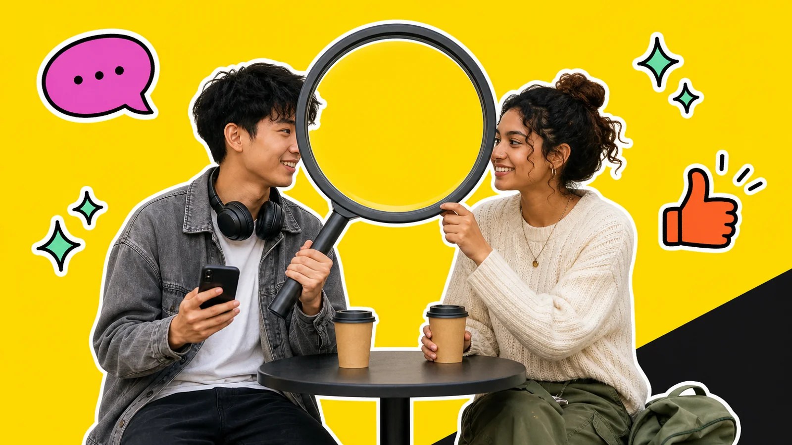 Two relaxed young adults hold a large magnifying glass between them while meeting with a phone, headset, cups, and backpack.