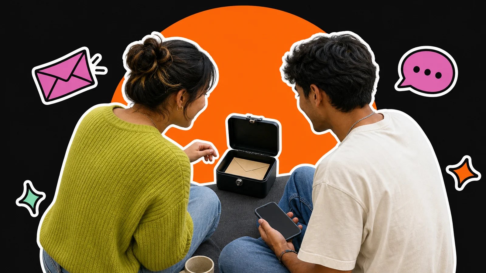 Two friends sit side by side, pausing over an open lockbox holding a sealed envelope like a private DM.