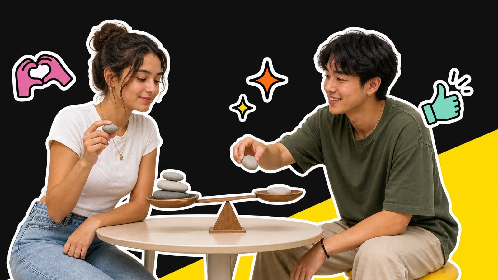 Two friends add pebbles to a tabletop balance scale, sharing effort to restore balance.