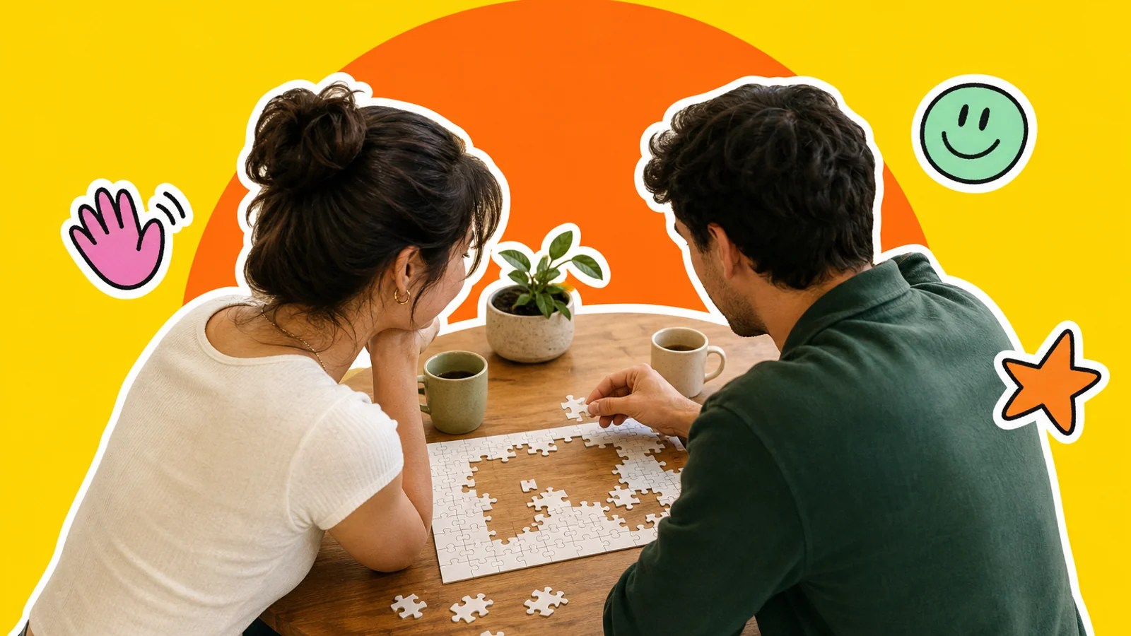 Two adults sit side by side at a café table, quietly working on a half-finished blank jigsaw puzzle.