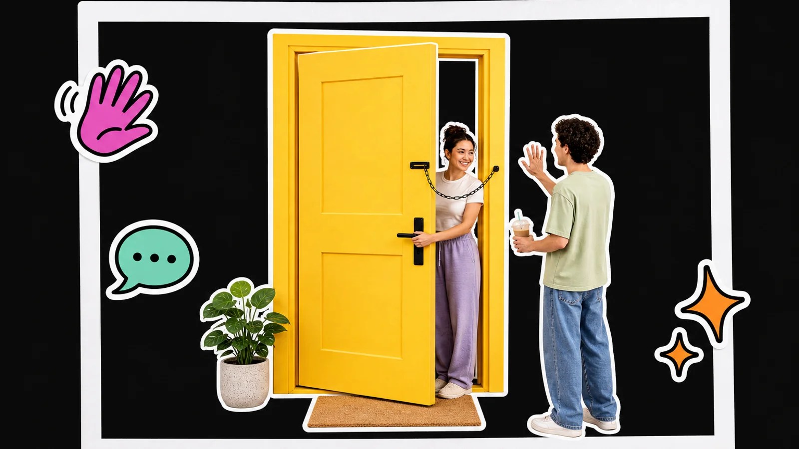 Oversized door cracked open on chain latch; person inside smiles as visitor waves with drink from a respectful distance.