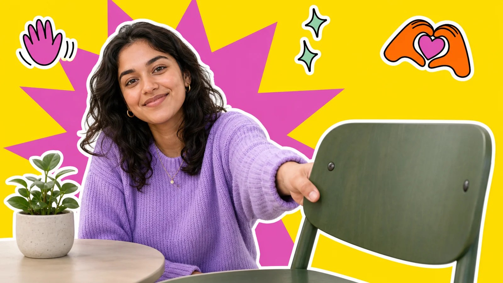 Young adult smiles warmly while pulling an empty chair toward the viewer at a community table.