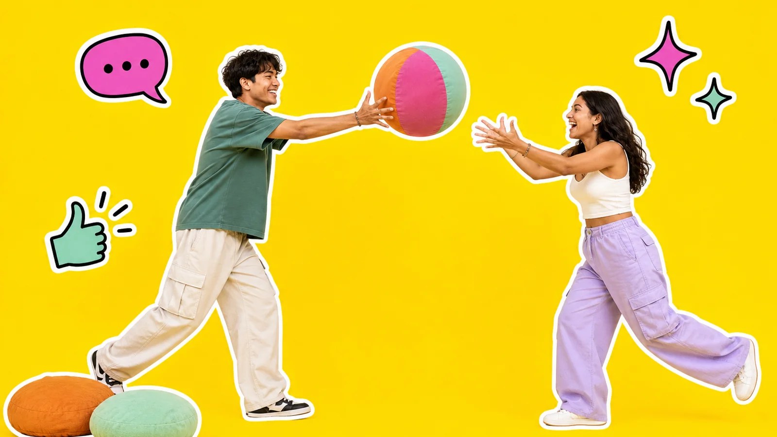 Two smiling young adults toss a soft color-blocked ball between them, turning conversation into a playful exchange.