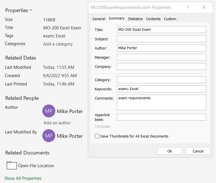 Excel Workbook Properties