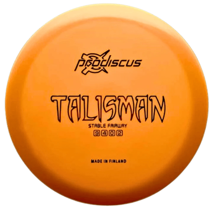 Orange disc golf disc with Talisman text logo.