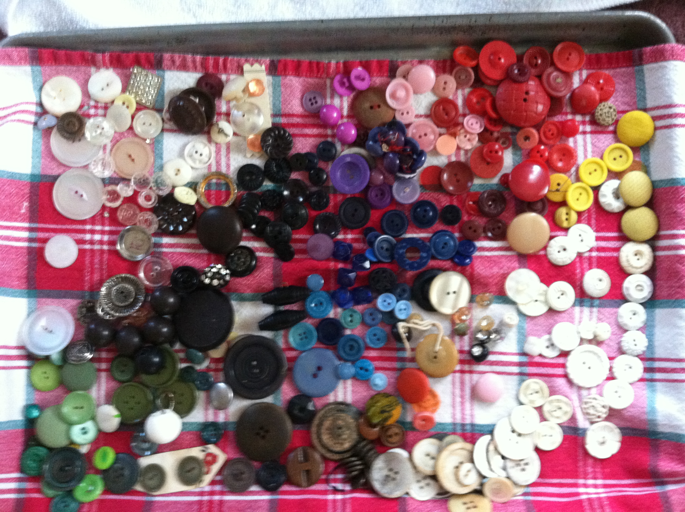 an array of color-sorted buttons drying on a kitchen towel