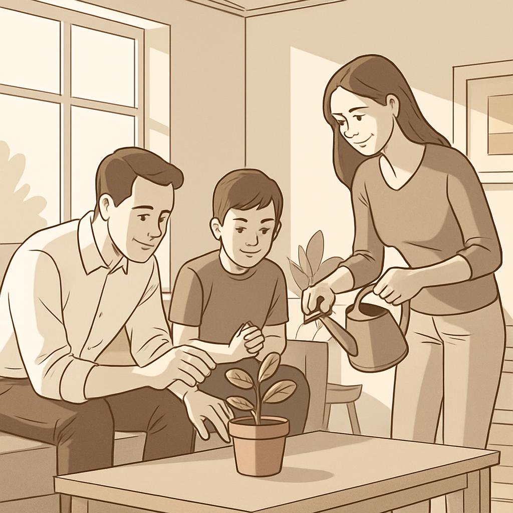 A family of three tend to their young plant at home. They sit in an open and bright space, around a small plant with thriv...