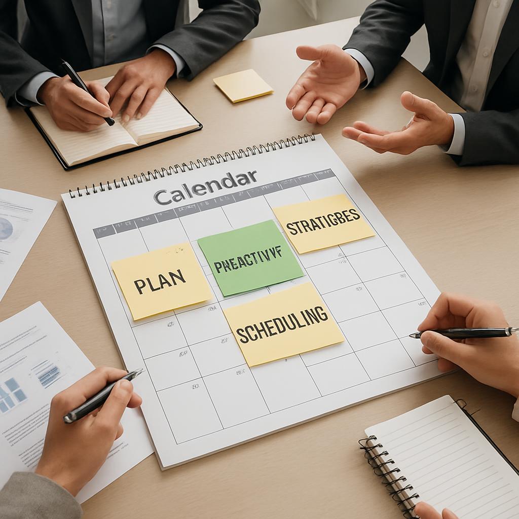 A large calendar with sticky notes on it, held up for others to see, featuring the word "plan", "preactivyf", "strategies"...