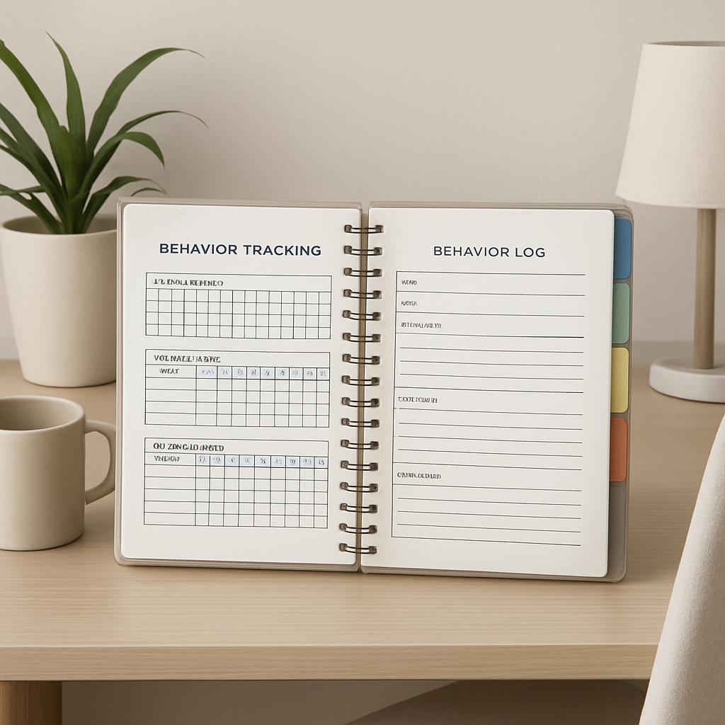 An open notebook on a desk with a bold, black font stating "BEHAVIOR TRACKING" and "BEHAVIOR LOG" fills the cover page, ac...