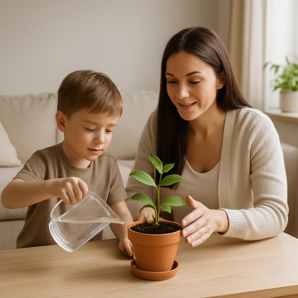 A woman and a young boy tend to a plant together, sitting at a light-colored wood table. The woman wears a beige cardigan ...