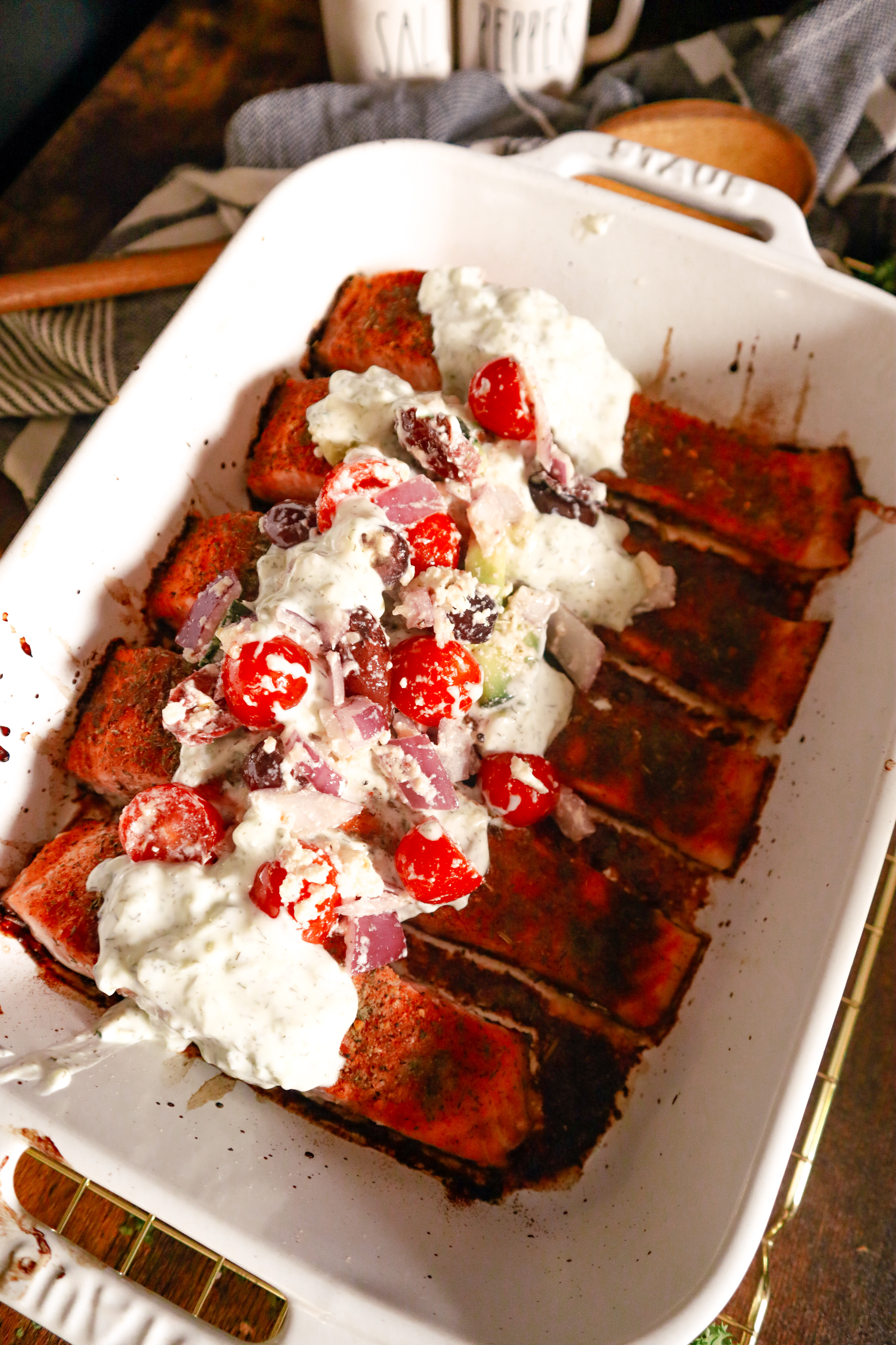 Greek salmon with dill sauce and Greek-style salsa