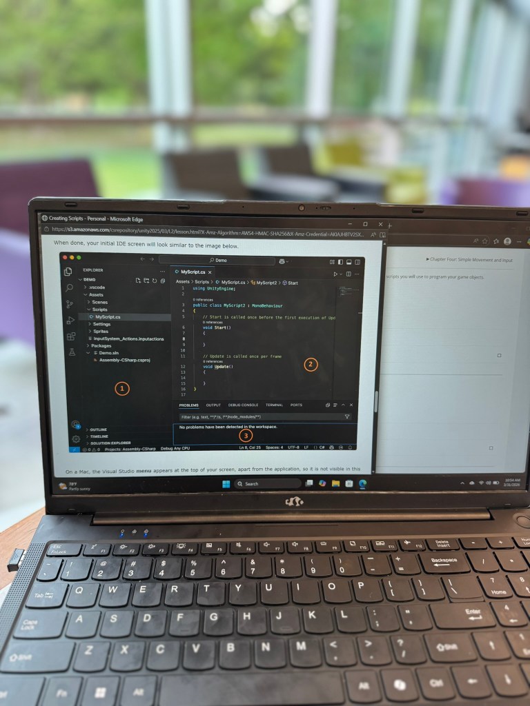 Visual Studio coding interface for Unity script editing in CompuScholar course