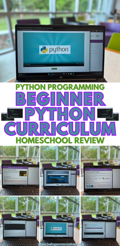 A laptop displaying a Python programming course video and various curriculum screenshots for a beginner Python homeschool review.