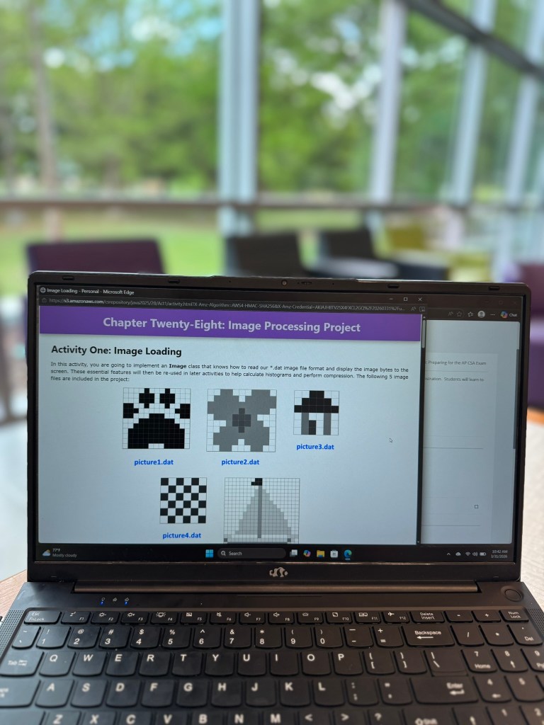 Java image processing lesson showing pixel data and histograms for students