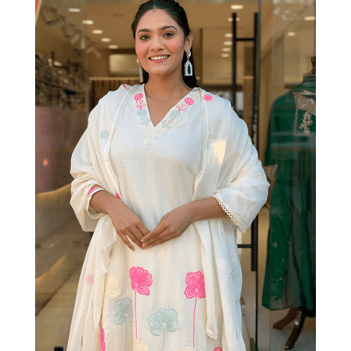 Being Womn Rayon Slub White Multicolour Floral Design Kurta Set with Chanderi Dupatta | Comfortable & Stylish Daily Wear