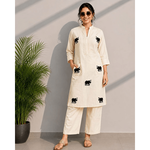 Being Womn Dhabu Cotton Long Cord Set with Elephant Design Threadwork – Premium cotton kurta and pant set for women, perfect for office wear, casual outings, festive occasions, and everyday comfort.