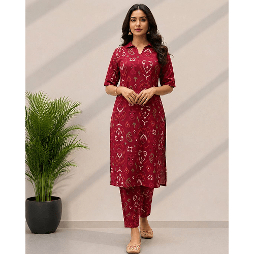 Being Womn Rayon Slub Maroon Long Cord Set – Elegant maroon rayon slub kurta and pant set for women, perfect for daily wear, office wear, casual outings, travel, and all-day comfort.
