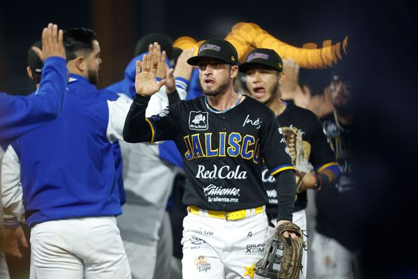 Peloteros en uniforme azul y negro celebran con high-fives en la banca durante un partido nocturno de beisbol