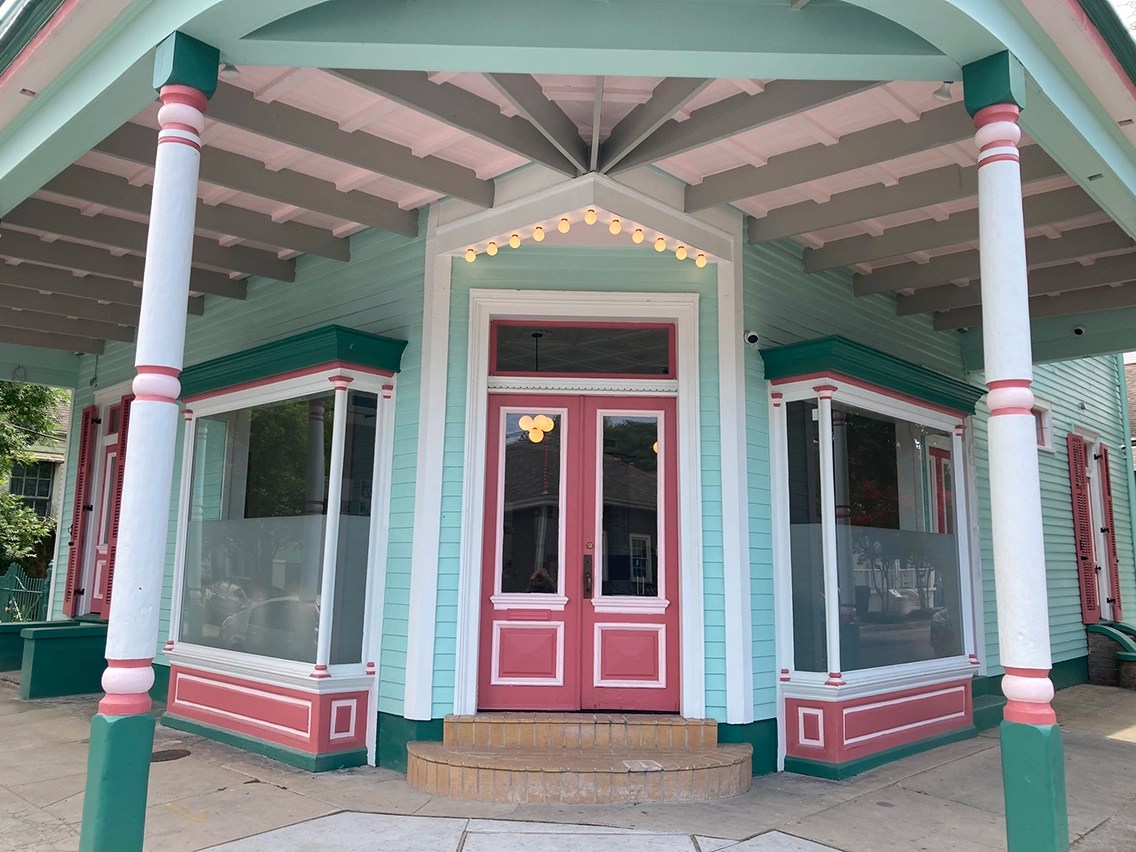 Marquee fixtures light up the entrance