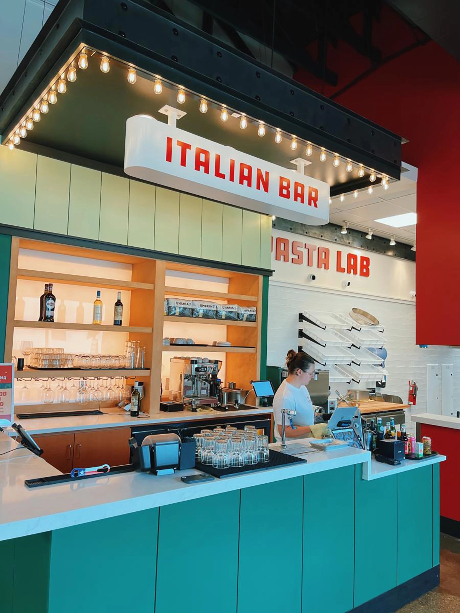 Marquee lighting at Italian Beverage Bar at Due Cucina, Dallas TX