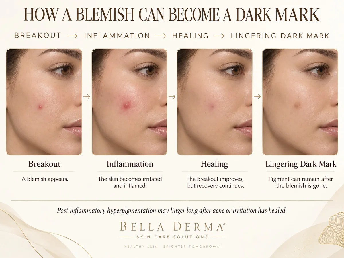 Acne inflammation leading to post-inflammatory hyperpigmentation and dark marks