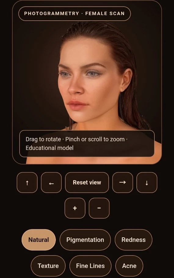 Skin Studio preview with an angled female 3D model, rotation and zoom controls, and skin-condition buttons