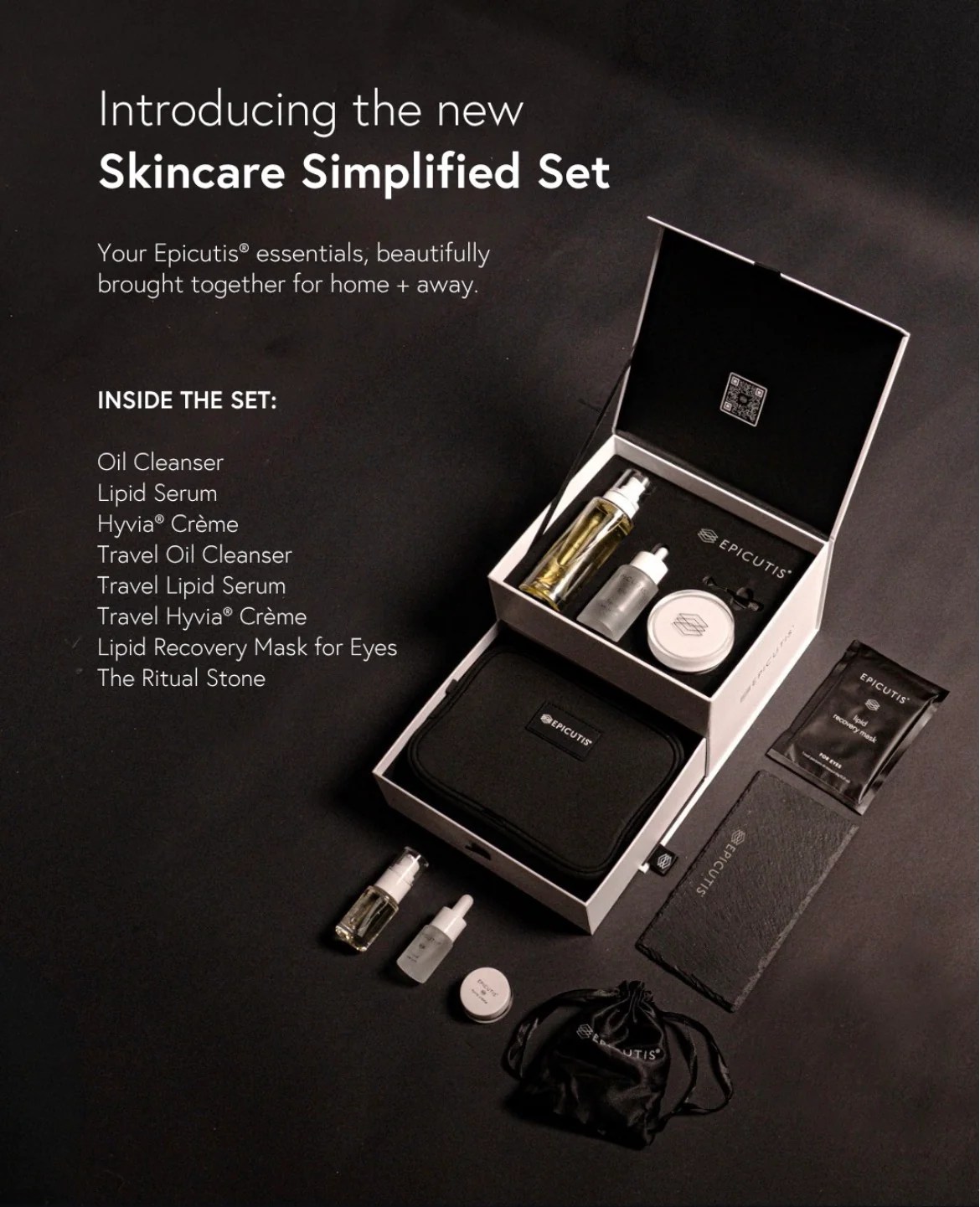 Epicutis Skincare Simplified holiday box set with full-size products, travel minis, eye mask, Ritual Stone and travel bag.