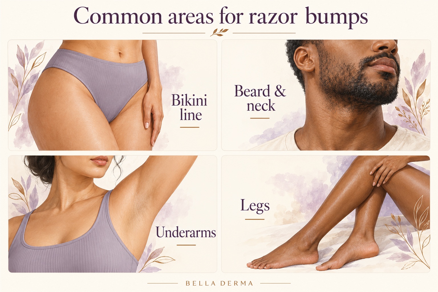 Illustration showing common razor-bump areas: bikini line, beard and neck, underarms, and legs.