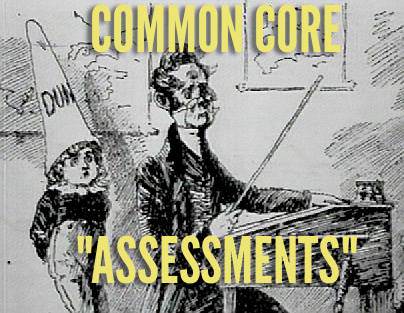 A black and white sketch of a man in historical attire conducting an orchestra with a child holding a sign that says "DUMB". The text reads: "COMMON CORE ASSESSMENTS" in bold, yellow letters. The man appears to be Abraham Lincoln."