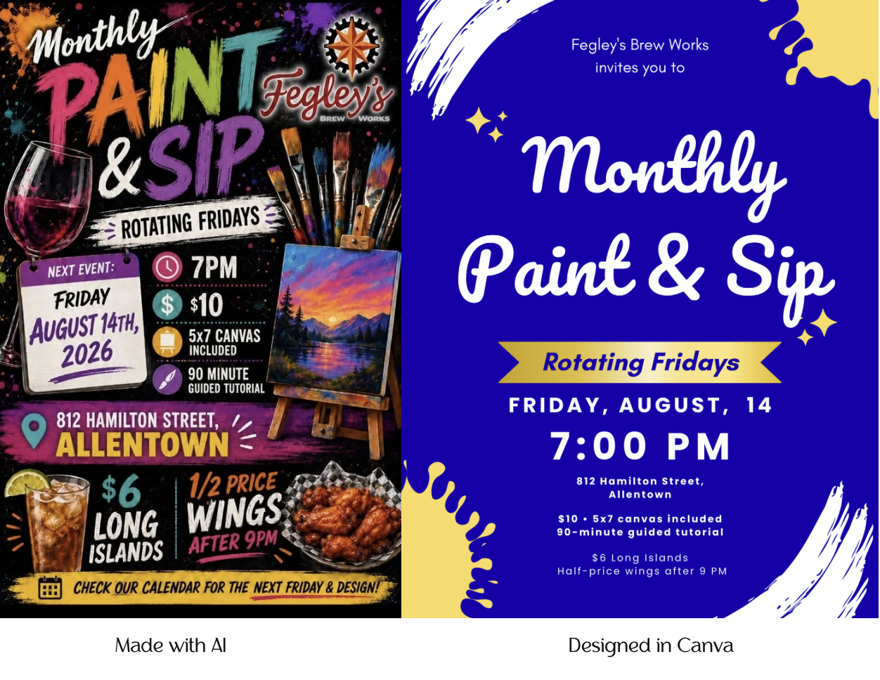 AI-made flyer versus a Canva flyer for the same paint and sip event