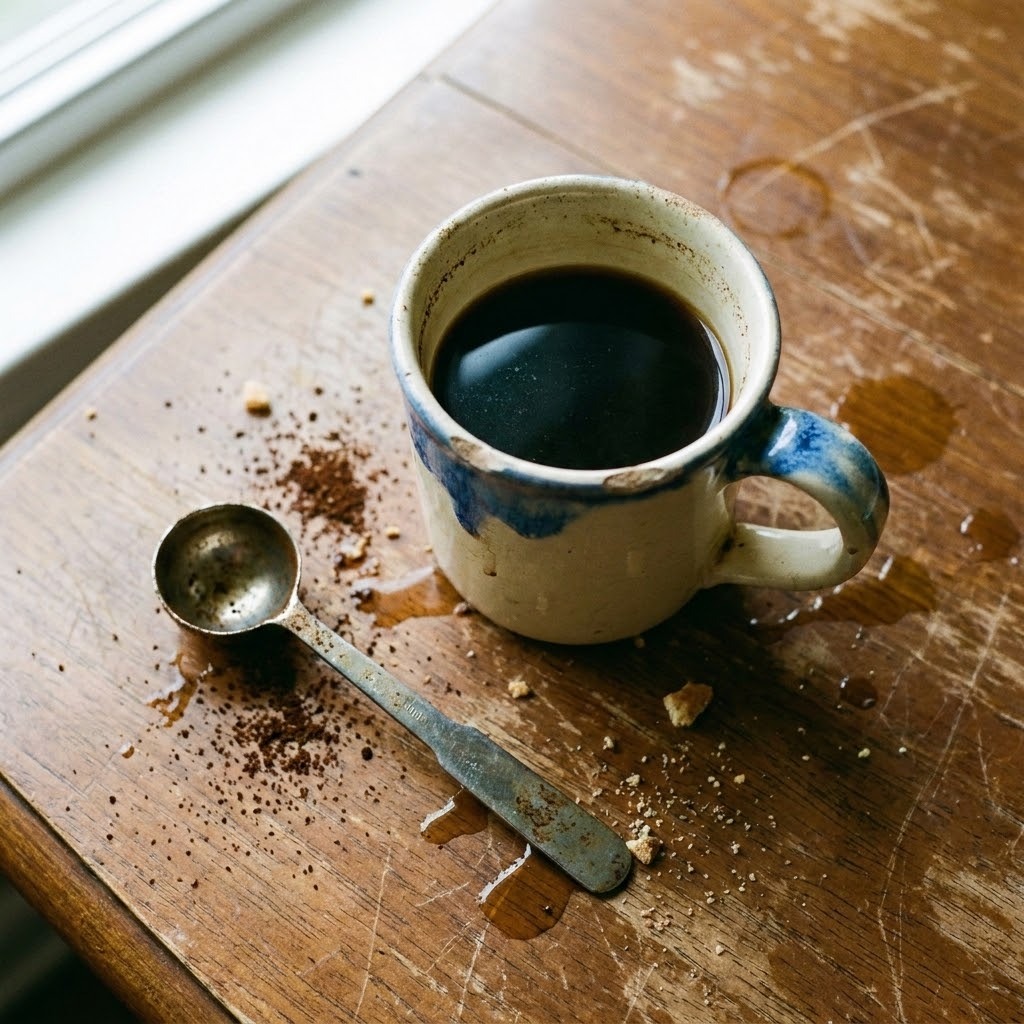 A slightly chipped coffee mug sitting on a worn wooden table next to a coffee scoop and some crumbs and drips.