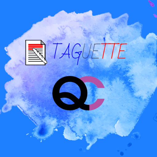 Text reads: "Taguette and Q. C." There's paint splatter in the background.