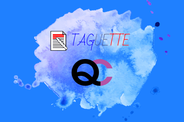 Text reads: "Taguette and Q. C." There's paint splatter in the background.