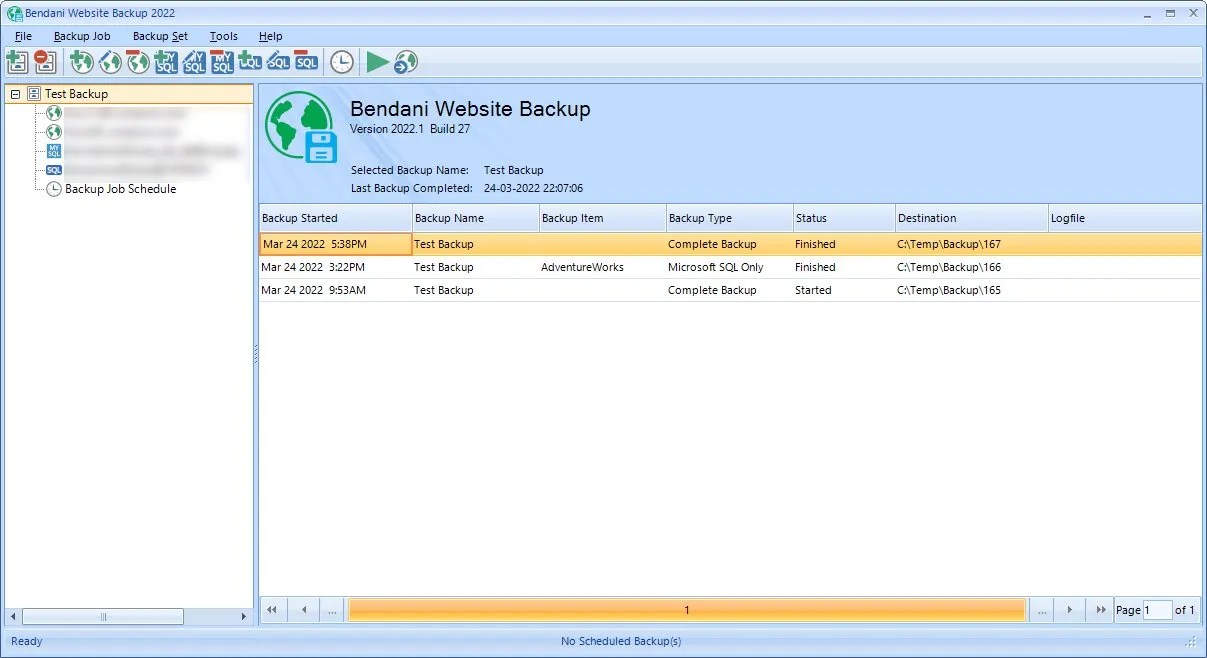Bendani Website Backup: Main Application Window