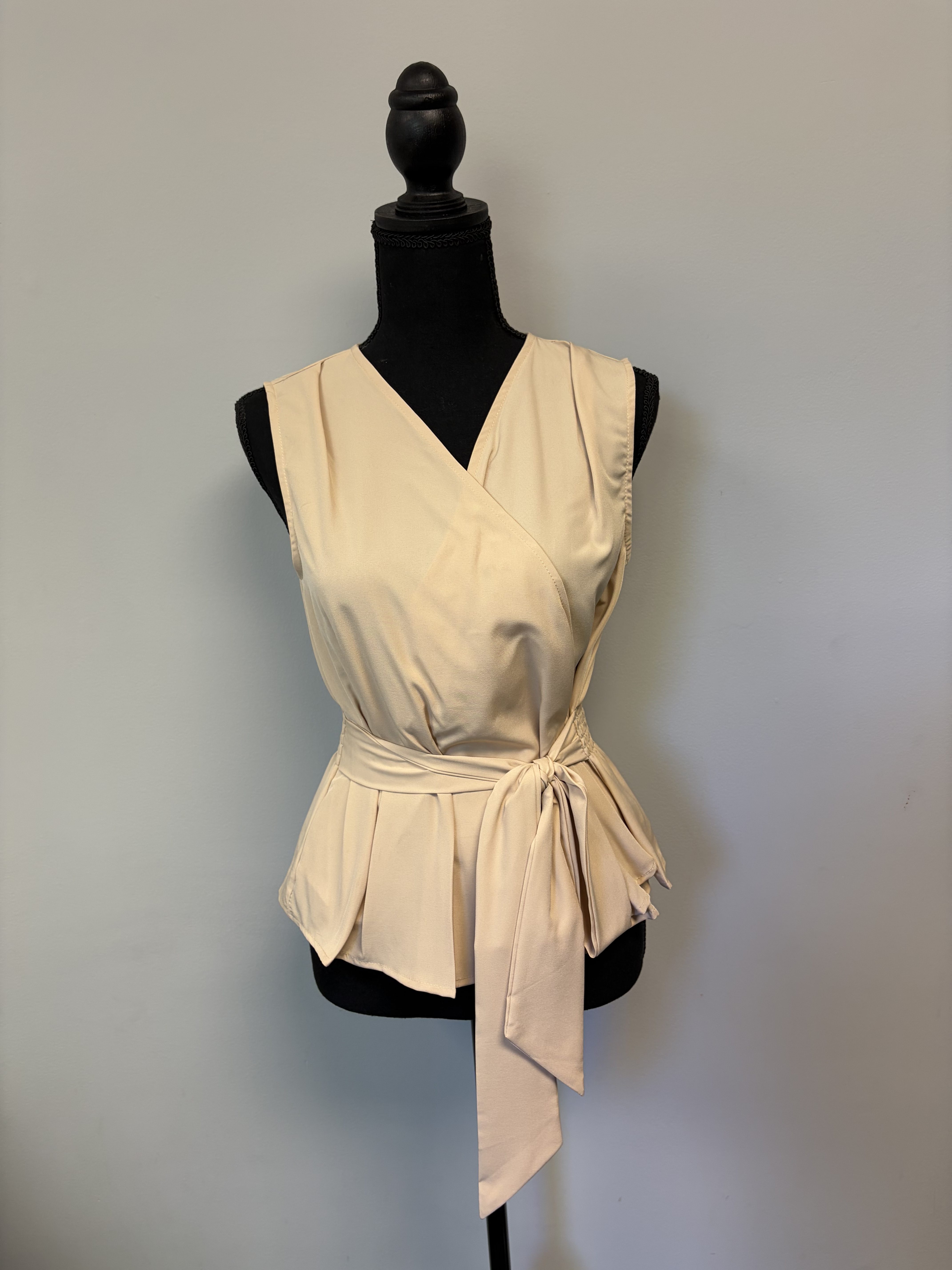 Elegant Beige Wrap Peplum Top – Waist Tie
