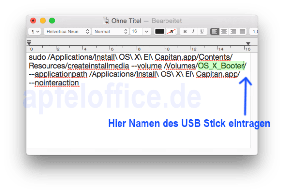 Im Programm TextEdit kann man den Code leichter bearbeiten und muss dann nur noch im Terminal einfügen