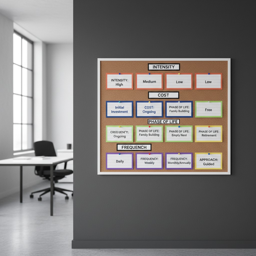 Step 1: The image shows a corkboard with various cards containing information about investment types. The cards are arrang...