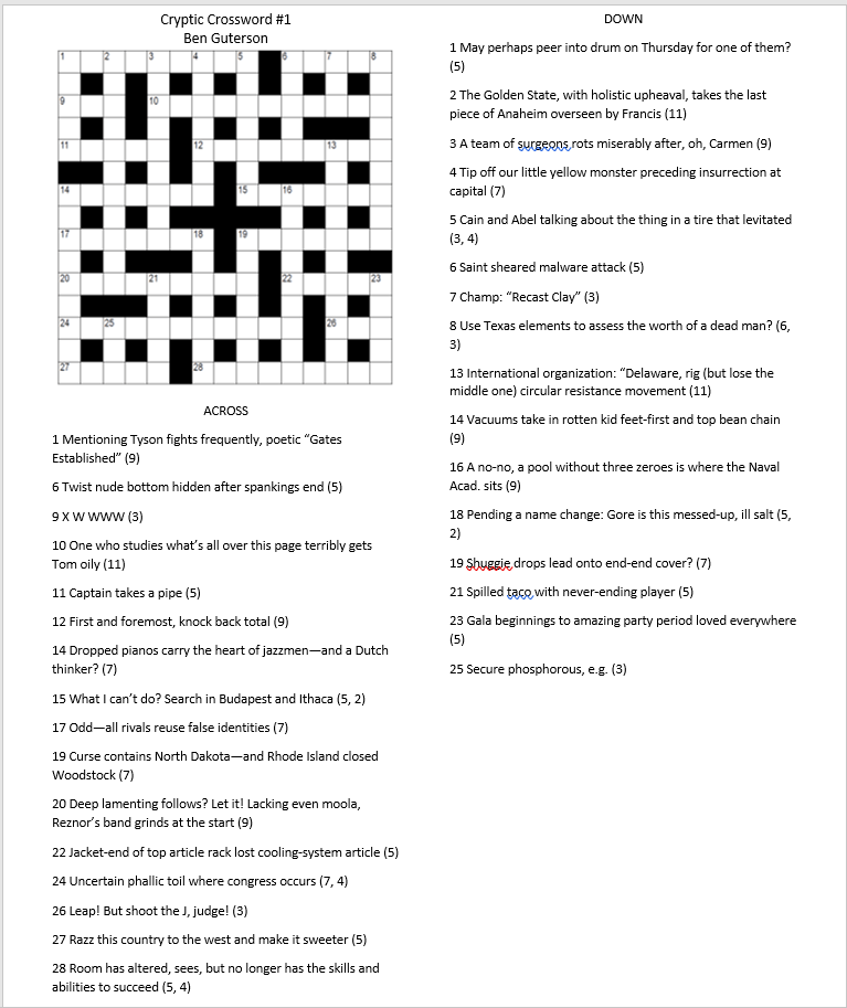 Cryptic crossword puzzles i have created (i'm a novice! go easy on me!) –  ben guterson