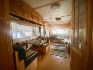 A living room in a touring caravan in Benidorm, Costa Blanca, Spain