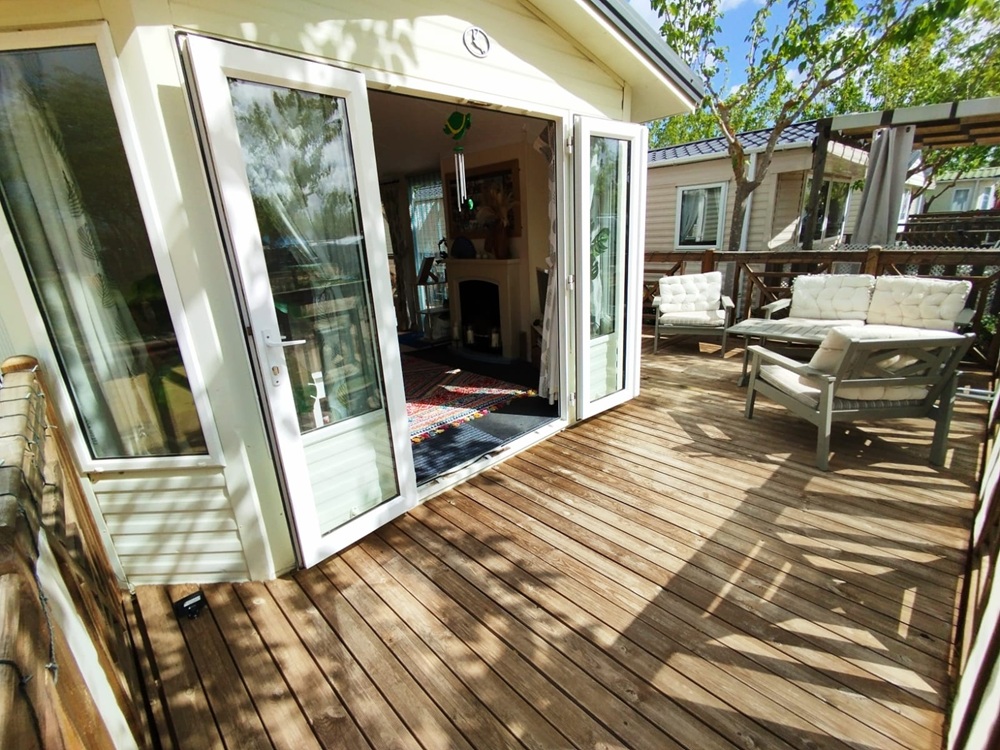 A sunny decking on a Bluebird mobile home for sale in El Rocio
