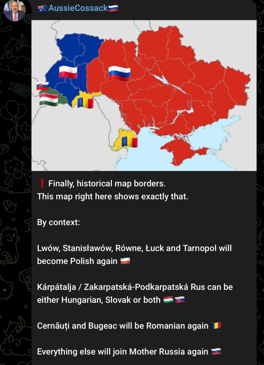 A map of historical borders in Eastern Europe, showing areas potentially subject to return to Poland, Romania and Russia.