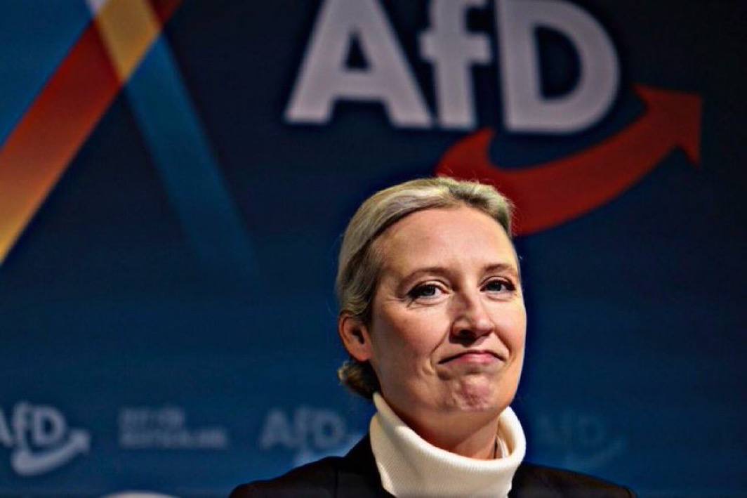 Uma mulher está em frente a um cartaz com o logotipo da AfD, com uma expressão neutra e vestindo roupas elegantes.