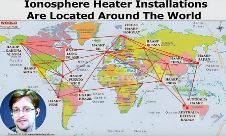 Um mapa mostrando a localização dos aquecedores ionosféricos ao redor do mundo, com fotografias de Edward Snowden no canto.
