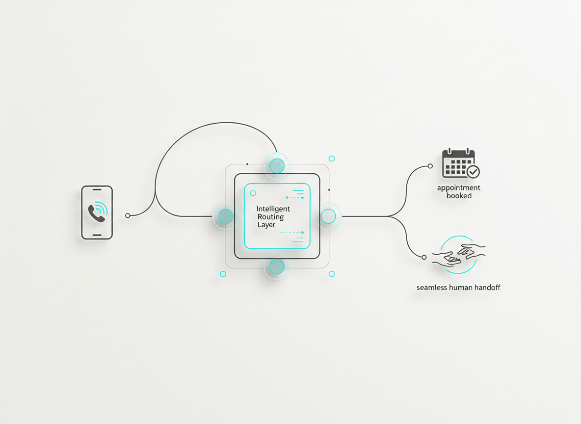 Editorial illustration showing an incoming business call moving through AI handling to appointment booking or human handoff.