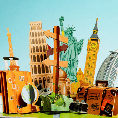 Famous buildings and statues, with travel suitcase